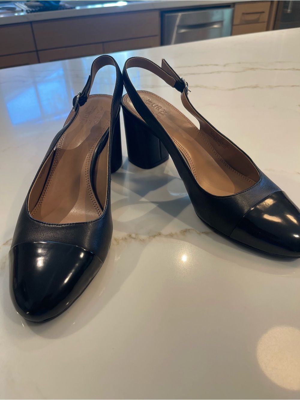 Black Leather Slingback Block Heel Pumps - Women